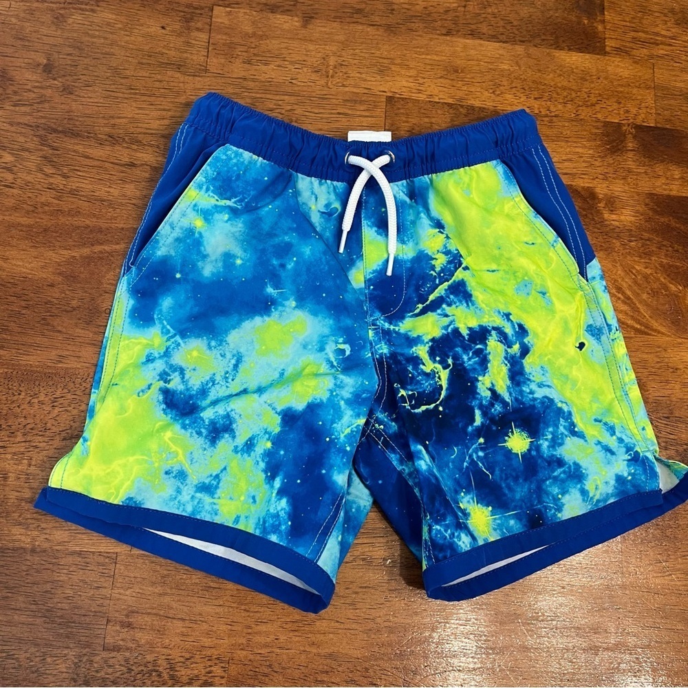 Lands' End stretch hydroliner Blue Lime Green Swim Shorts size small 6-7